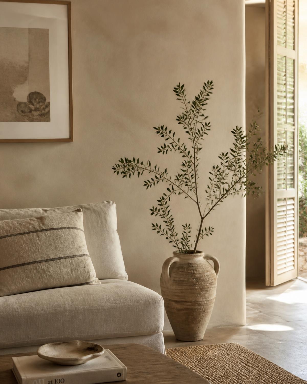 Calm Mediterranean interior with linen sofa and olive branch