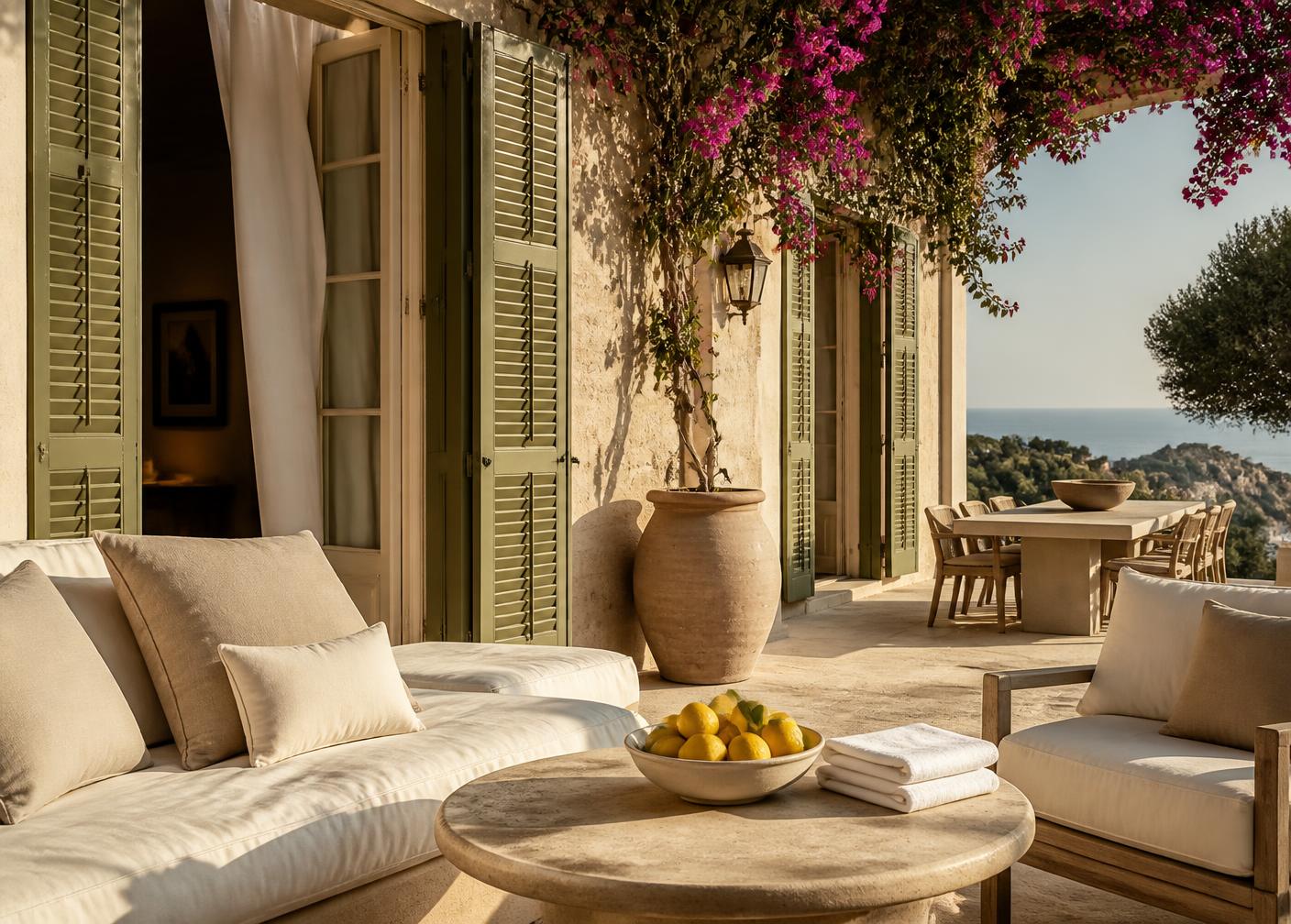 Prepared Mediterranean villa terrace with open shutters and fresh linen