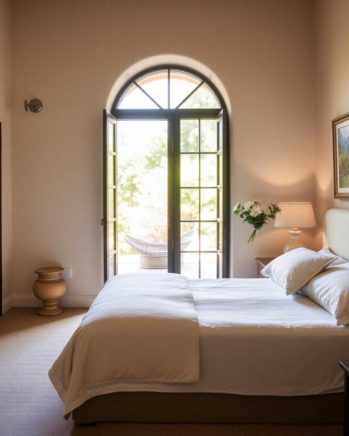 Elegant private residence bedroom with arched window and fresh linen